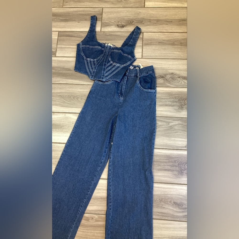 Dark Blue Denim Corset Top and Wide Leg Jeans Set